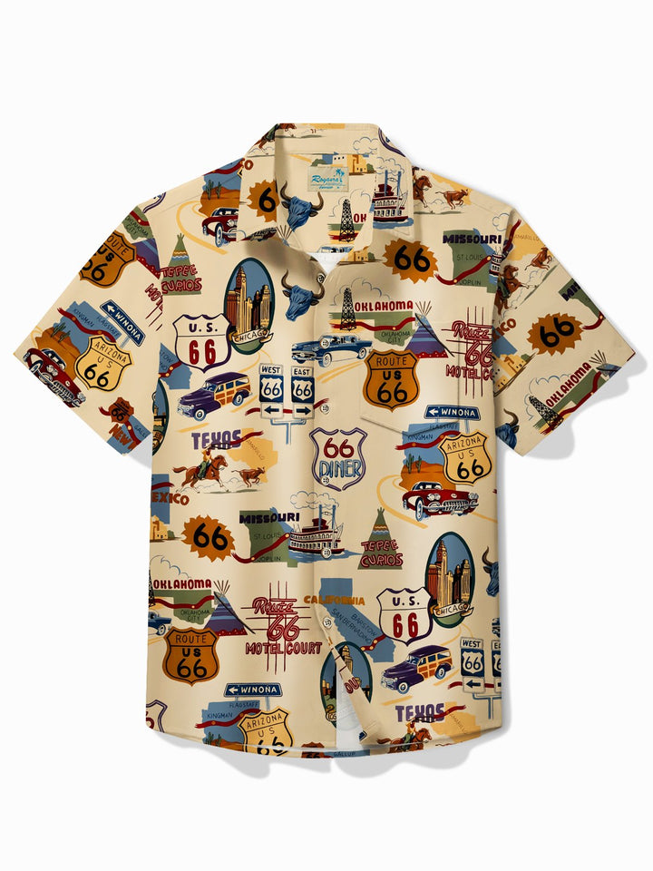 Camisa de manga corta con bolsillo abotonado para hombre con estampado retro de la Ruta 66 de Alohadaddy