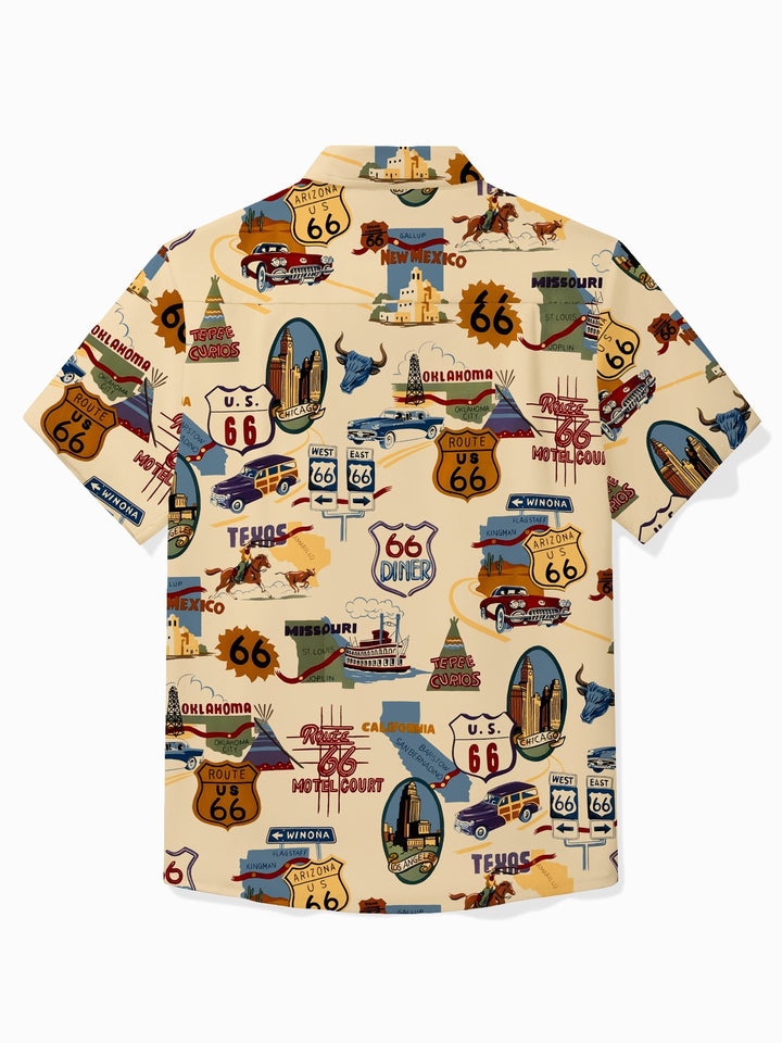 Camisa de manga corta con bolsillo abotonado para hombre con estampado retro de la Ruta 66 de Alohadaddy