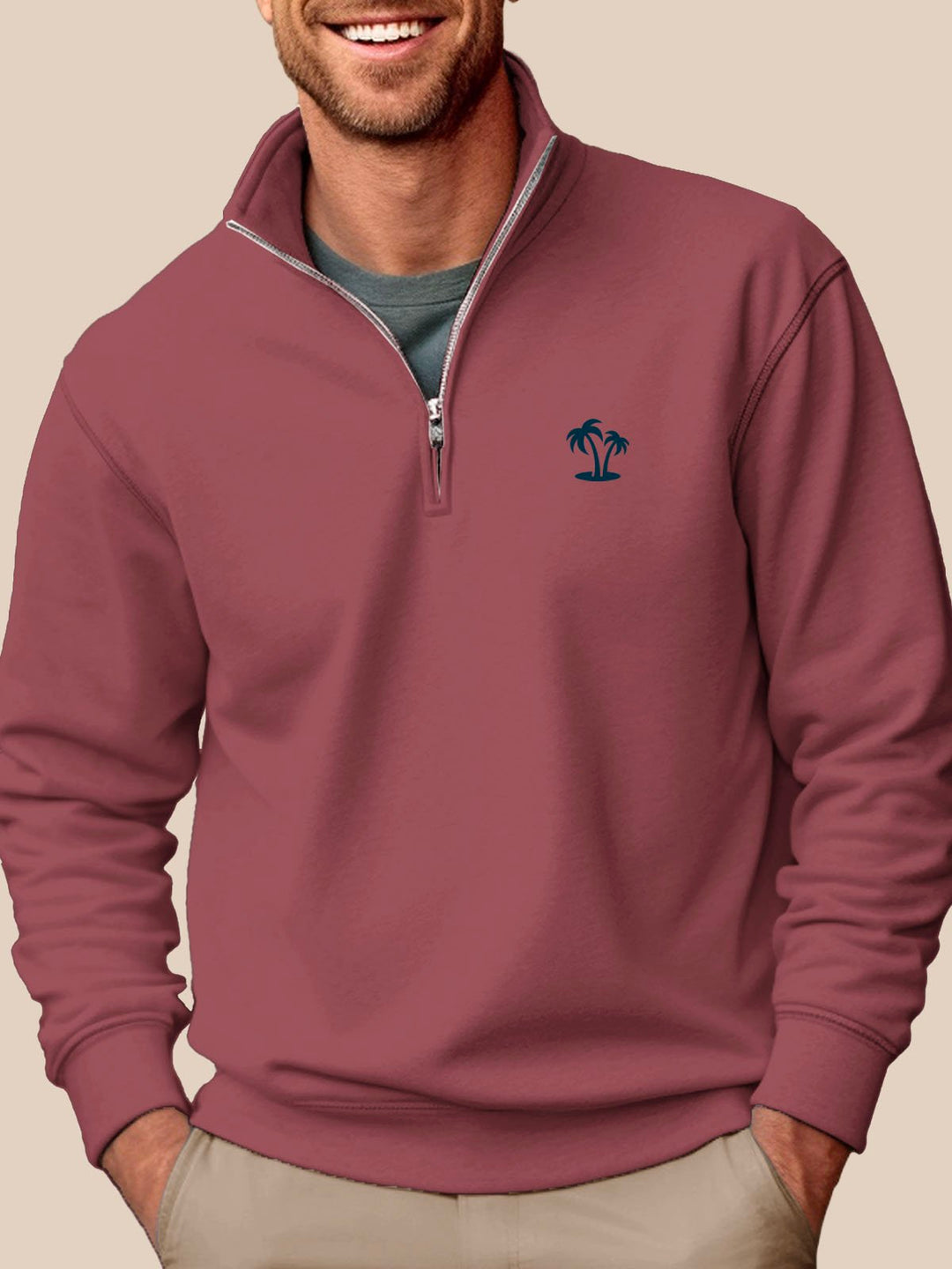 Sudadera con cuello alto y media cremallera para hombre de Alohadaddy, color gris, con diseño de árbol de coco, fácil de usar, elástica, de talla grande, para campamento de vacaciones