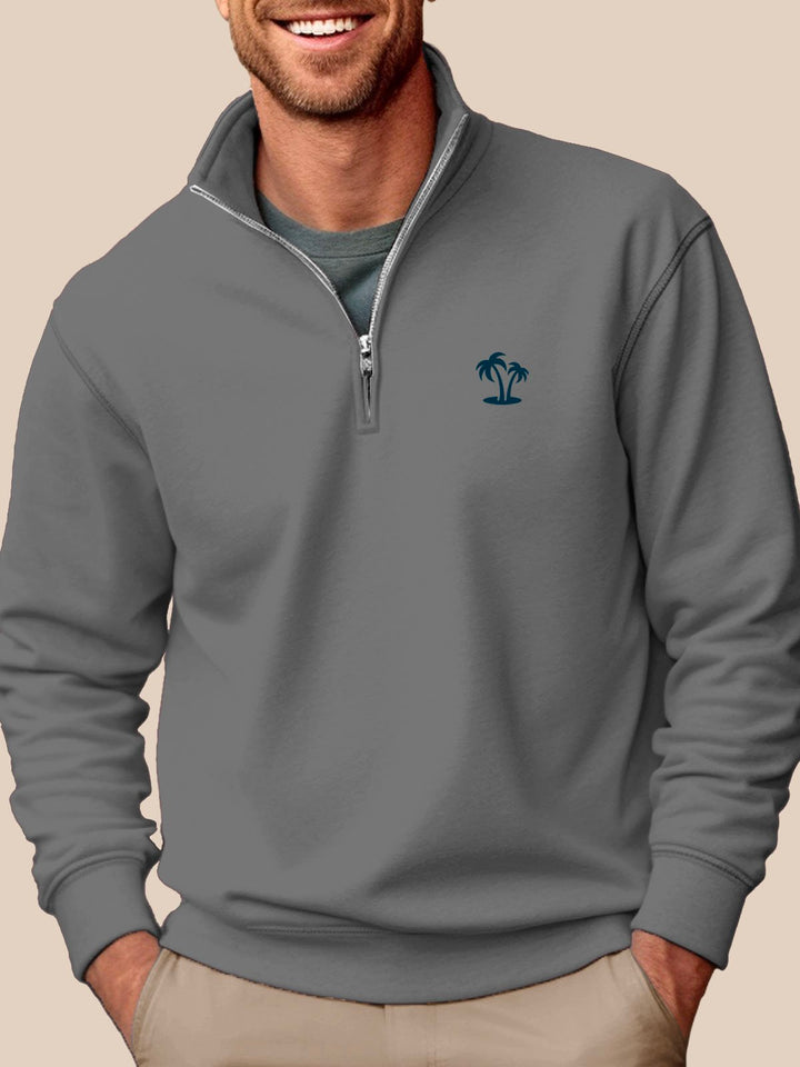 Sudadera con cuello alto y media cremallera para hombre de Alohadaddy, color gris, con diseño de árbol de coco, fácil de usar, elástica, de talla grande, para campamento de vacaciones