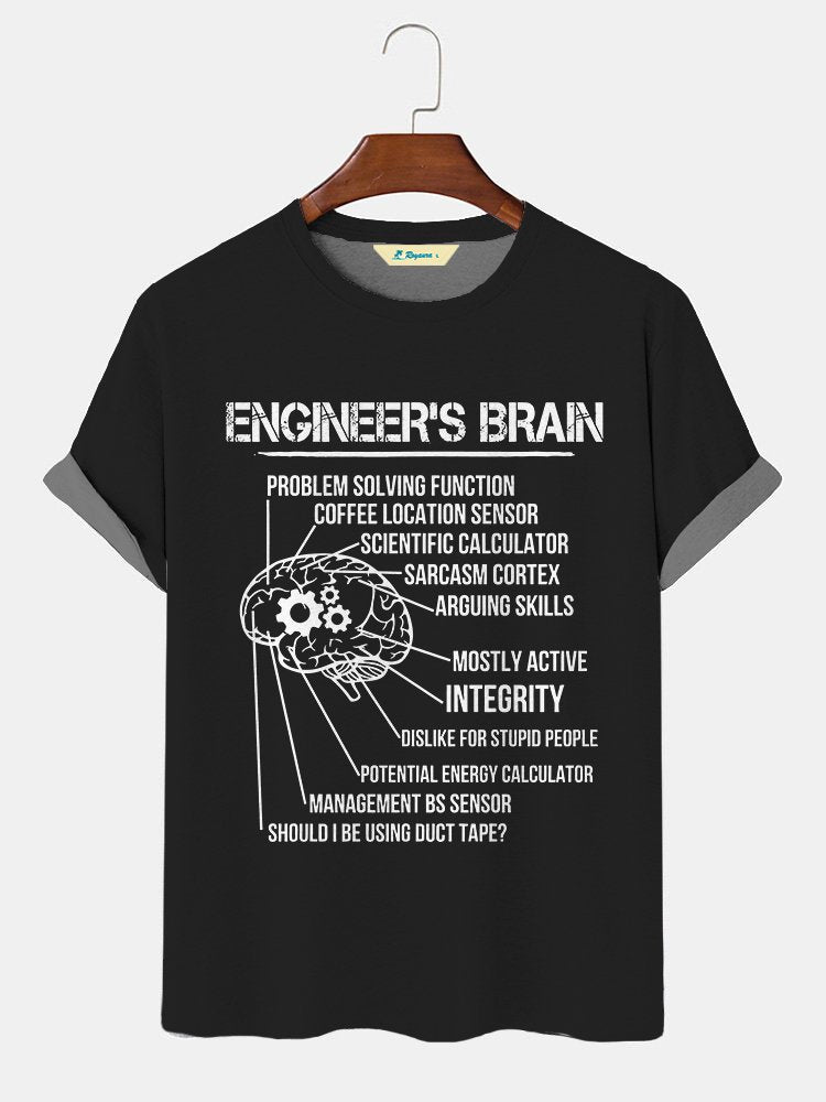 Camiseta de algodón con texto y letras con impresión gráfica divertida y sensor de ubicación de café con función de resolución de problemas de cerebro de ingeniero para hombre