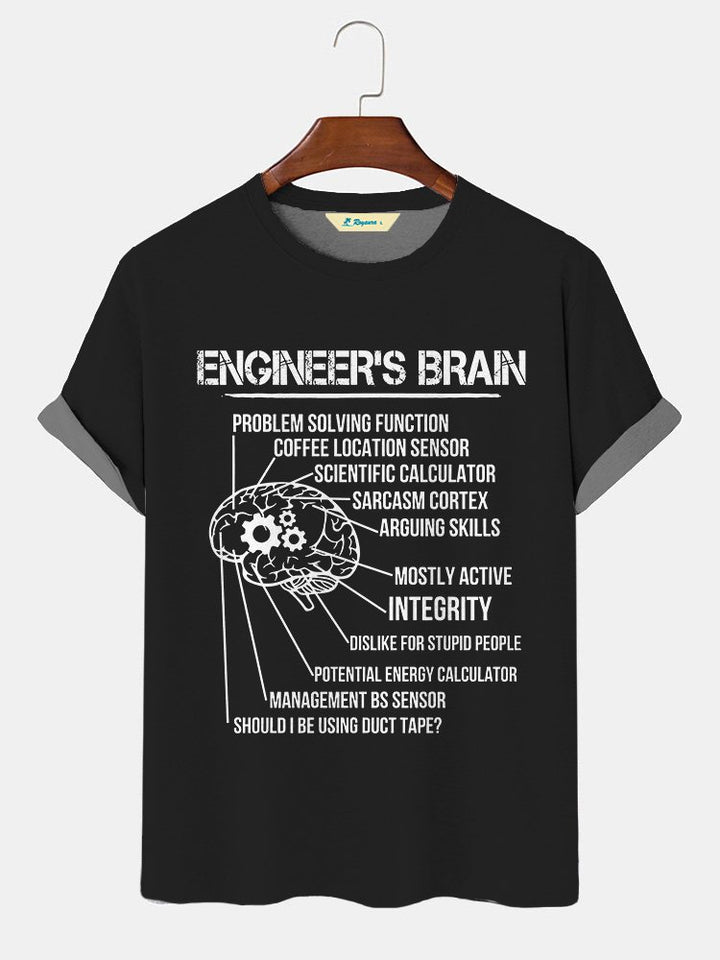 Camiseta de algodón con texto y letras con impresión gráfica divertida y sensor de ubicación de café con función de resolución de problemas de cerebro de ingeniero para hombre