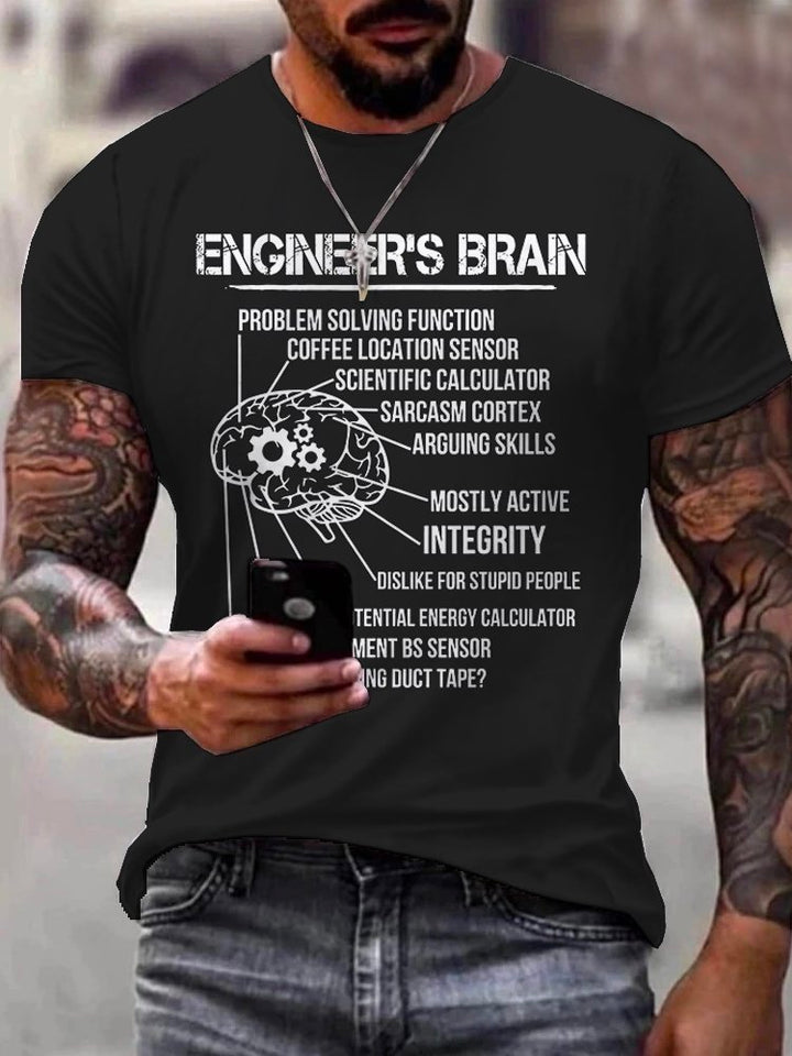 Camiseta de algodón con texto y letras con impresión gráfica divertida y sensor de ubicación de café con función de resolución de problemas de cerebro de ingeniero para hombre