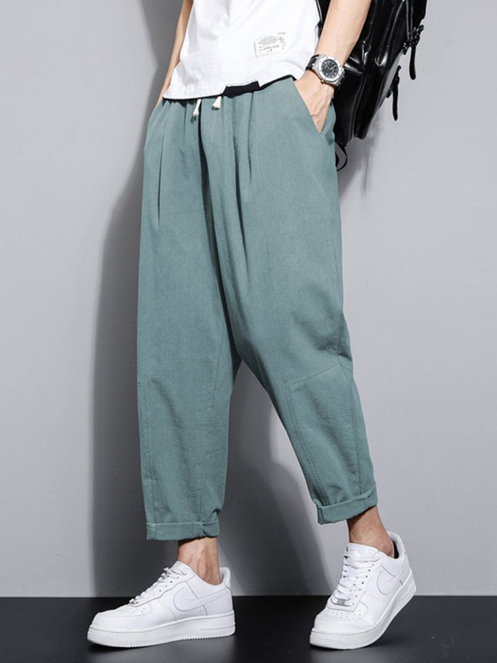 Pantalones de lino y algodón con pierna recta y holgados para hombre