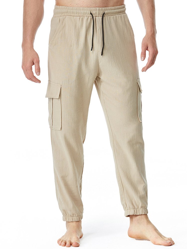 Pantalones de yoga de lino y algodón para hombre, holgados, informales, ligeros, con cintura elástica
