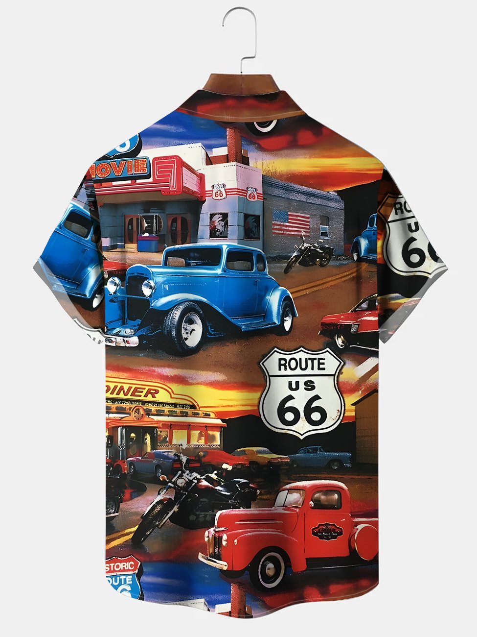 Alohadaddy  Mens U.S. Route 66 Print Casual Breathable Chest Pocket Short Sleeve Hawaiian Shirts