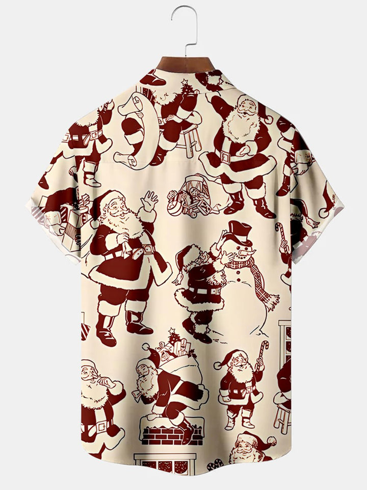 Alohadaddy Vintage Christmas Santa Claus Snowman Illustration Casual Plus Size Shirts