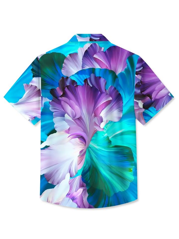 Purple Blue Floral Casual Cotton-Blend Shirts