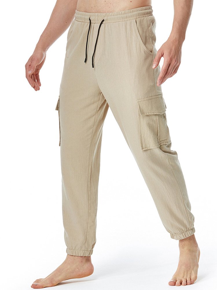 Pantalones de yoga de lino y algodón para hombre, holgados, informales, ligeros, con cintura elástica