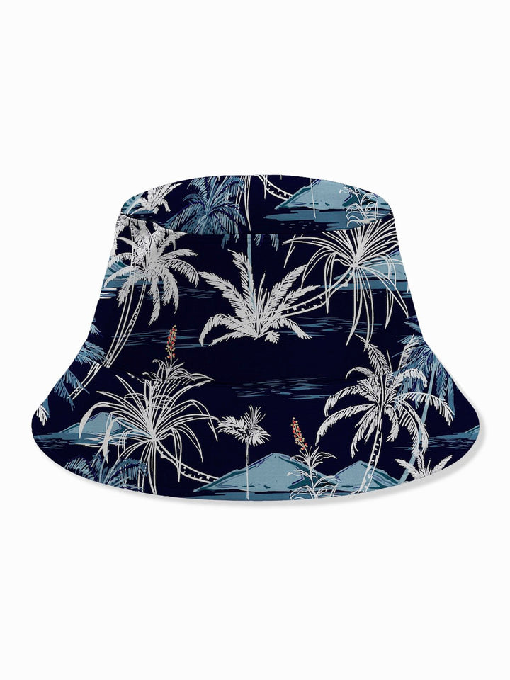 Sombreros con estampado de árboles de coco hawaianos en azul marino de Alohadaddy
