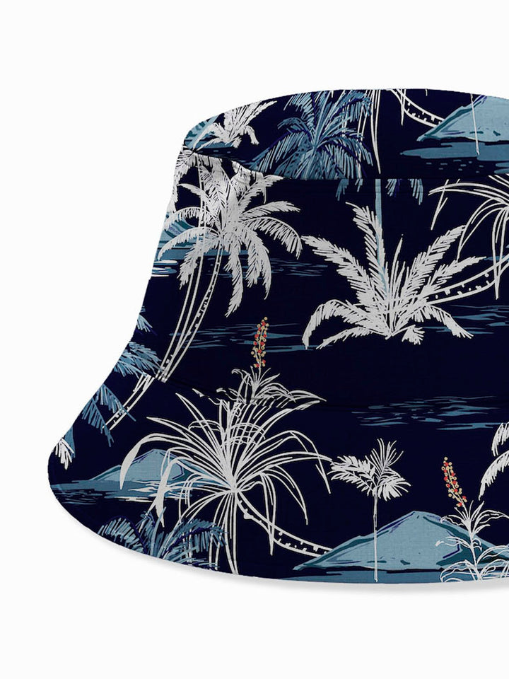 Sombreros con estampado de árboles de coco hawaianos en azul marino de Alohadaddy