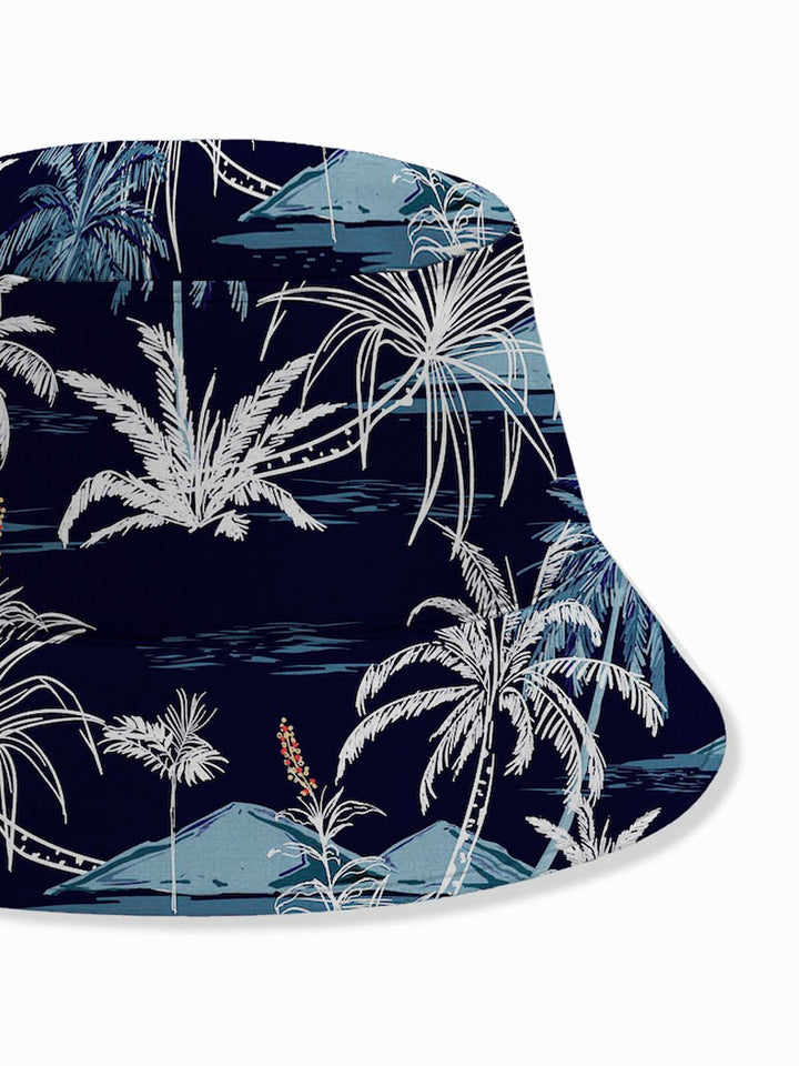 Sombreros con estampado de árboles de coco hawaianos en azul marino de Alohadaddy