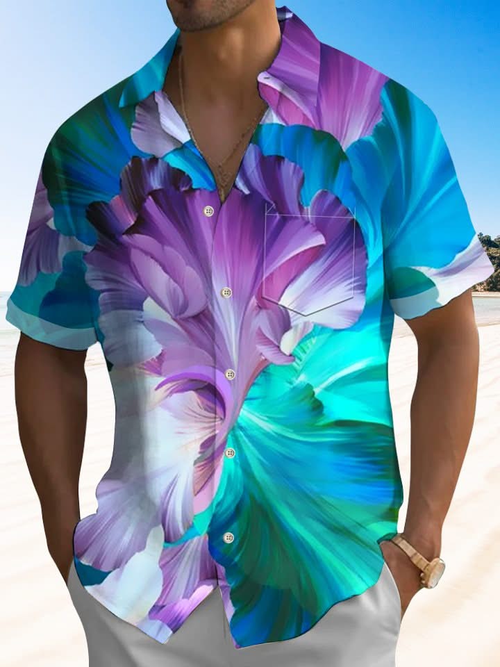 Purple Blue Floral Casual Cotton-Blend Shirts