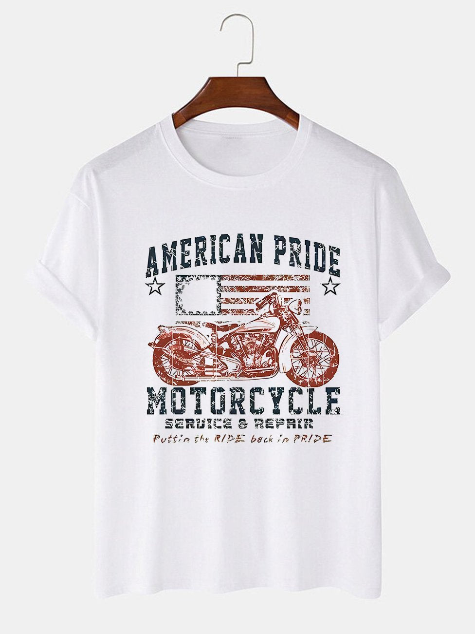 Alohadaddy Vintage Motorcycle American Flag Printed Casual Short Sleeve T-Shirts