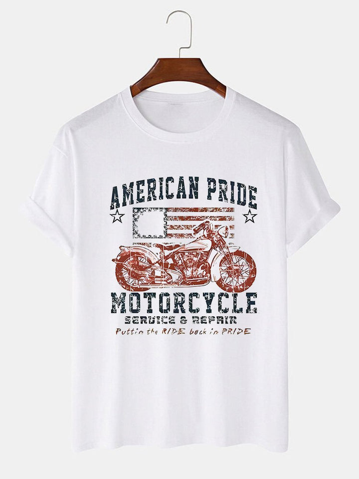 Alohadaddy Vintage Motorcycle American Flag Printed Casual Short Sleeve T-Shirts