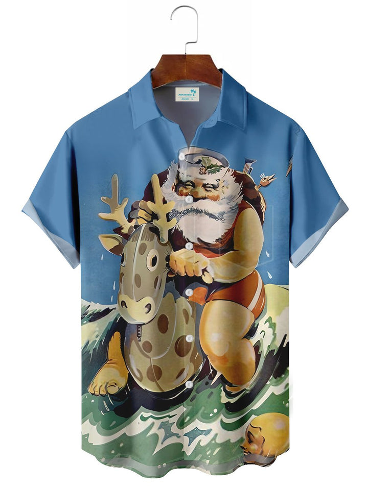 Alohadaddy Vintage Christmas Santa Claus Surfing Printed Casual Plus Size Shirts