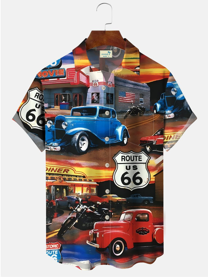 Alohadaddy  Mens U.S. Route 66 Print Casual Breathable Chest Pocket Short Sleeve Hawaiian Shirts