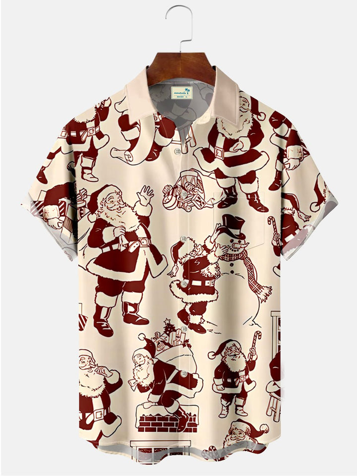 Alohadaddy Vintage Christmas Santa Claus Snowman Illustration Casual Plus Size Shirts