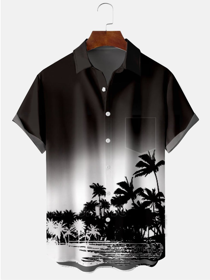 Camisas informales de talla grande con diseño de árbol de coco en blanco y negro con degradado de Alohadaddy